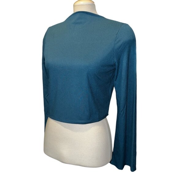 Band of the Free Open Back Ribbed High Neck Blouse Sz Medium Long Sleeve Teal - Picture 5 of 7
